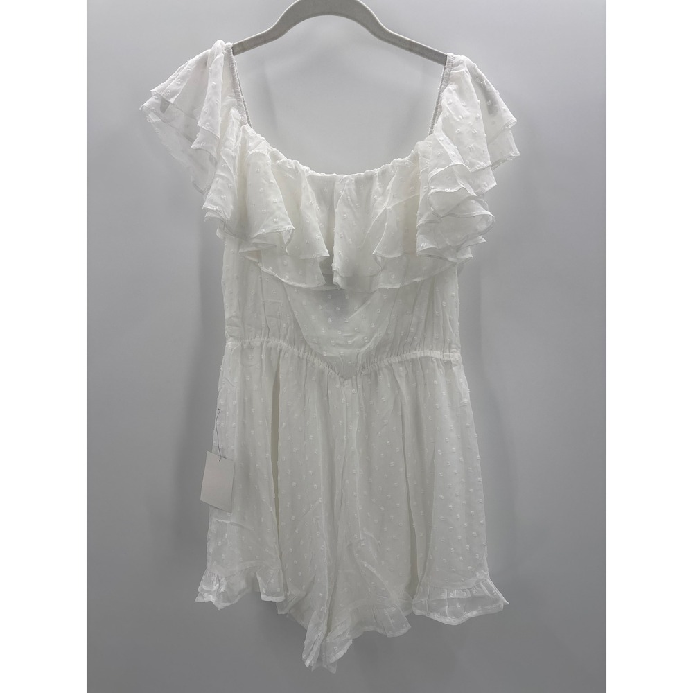 Lulus Frilled to Bits White Swiss Dot Off-the-Shoulder Romper Medium NWT - Picture 7 of 11